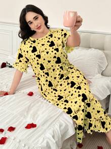 SHEIN 大码女式心形印花荷叶边短袖睡袍，Moo Moo 睡裙