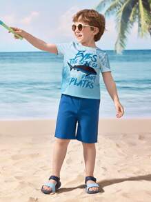 Shark Week X SHEIN 小男孩鲨鱼与字母图案休闲圆领短袖T恤 - 彩色 - 查看 3