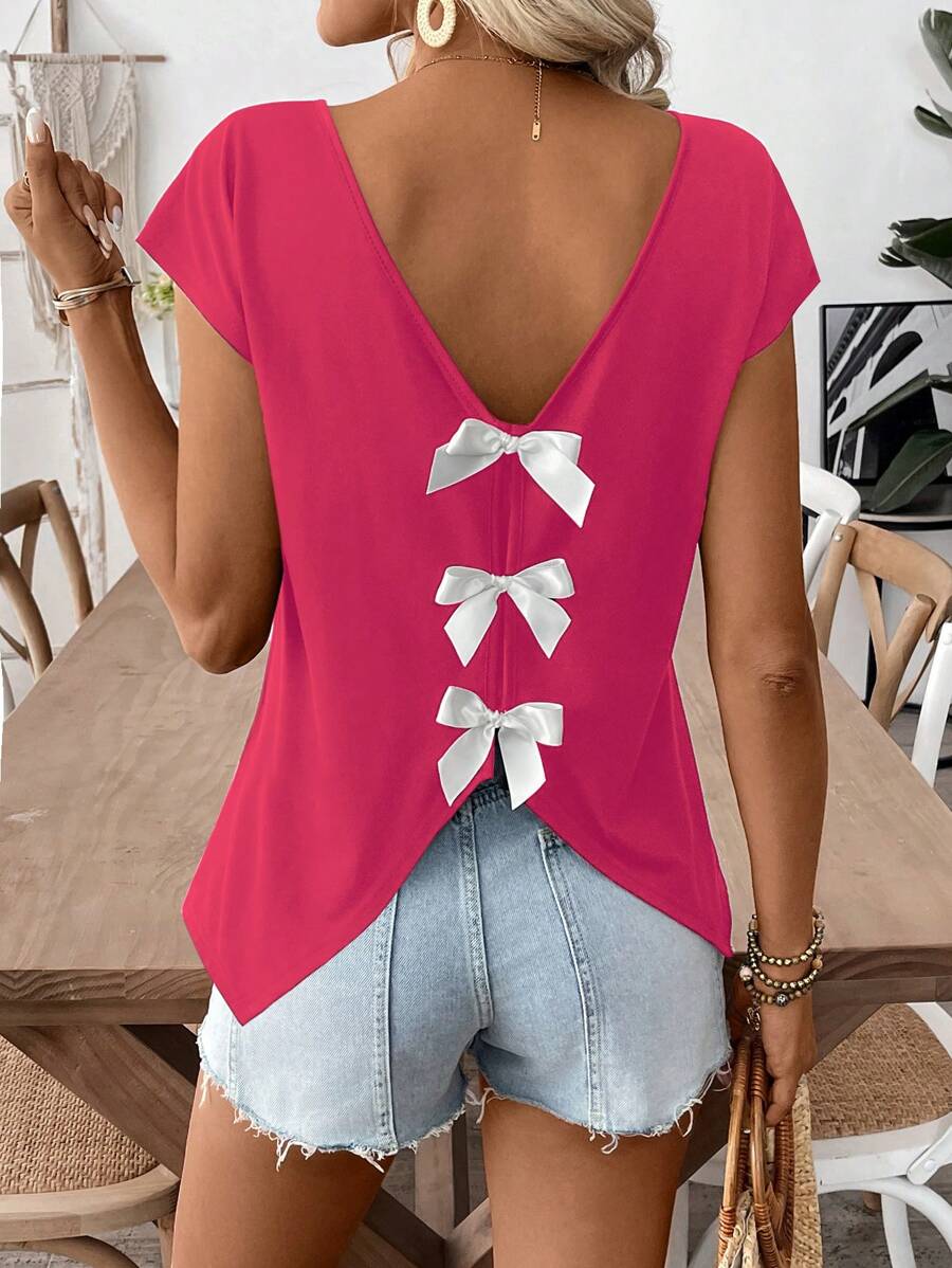 SHEIN LUNE 女士短袖纯色T恤，夏季时尚 - 玫紅色 - 查看 1