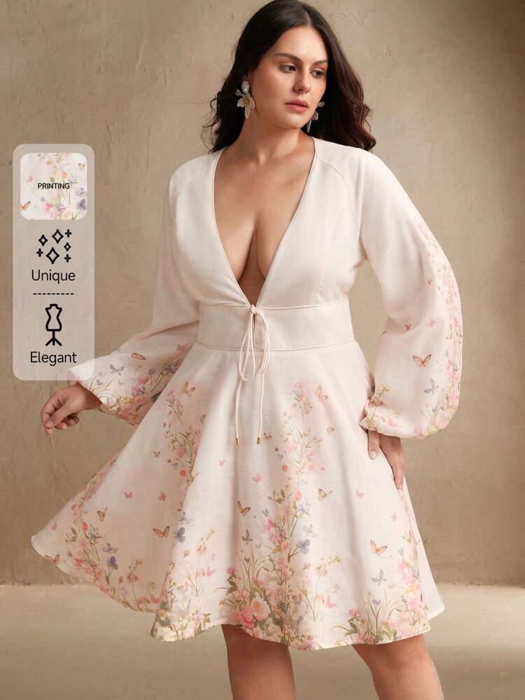 Floral Print Deep V-Neck Lantern Sleeve Dress, Casual Spring, Valentine's Day, Date Night Outfits For Women