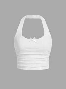 SHEIN EZwear 女士休闲性感低胸褶饰露背吊带背心，20% 棉，蝴蝶结装饰 - 白色 - 查看 6