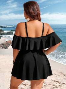 Swim Lushoire Plus Size Women's Solid Color Ruffled Shoulder Vacation Tankini Top For Summer - Black - View 2