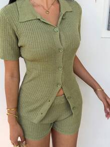 SHEIN EZwear Set de 2 bucăți de tricot cu mâneci scurte și pantaloni scurți, ocazional, pentru femei