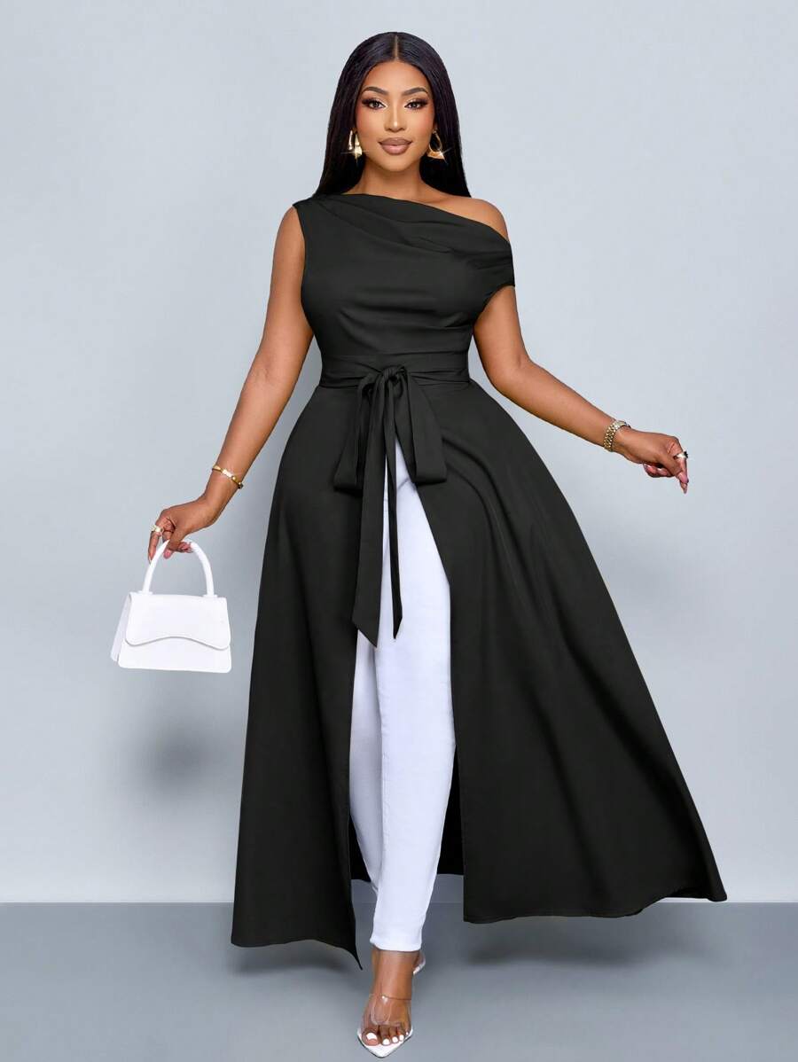 SOLERSUN Blusa asimétrica de cuello para mujer de talla grande con abertura en el muslo y atar al frente, de un solo hombro