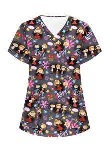 PopScrub Nursing Scrub Uniform Top, V-Neck Short Sleeve, Minimalist & Fashionable, Suitable For Summer Women Summer Tops Women For Women Women Scrubs,Women's Fashion Casual Sports Scrub Tops, Business Women Clothing, Women's Summer Tops Multi-Occasion Wear Versatility, Women's Summer Beach Shirts,Tops With Cute Puppies, Bees, Insects, Kittens, Flowers, Grass, Trees, Hearts, Clouds, Ice Cream, Donuts, Butterflies, Starfish, Tie-Dye And Other Printed Patterns - Black - View 3