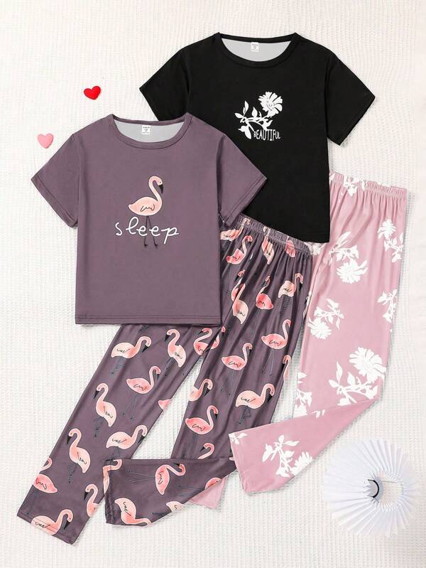 2件套女童火烈鸟印花上衣和裤子家居服，深蓝色