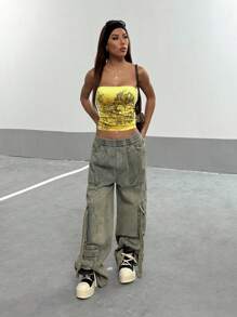 SHEIN X Lucía Bellido StreetHx Streetwear 女式铆钉抹胸上衣 - 黃色 - 查看 5