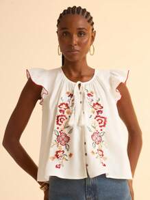 CAJUNI 女士休闲度假白色梭织刺绣盖袖撞色饰边纽扣流苏领带沙滩背心，宽松版型 - 彩色 - 查看 8
