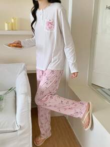 少女纯色前扣领蕾丝口袋碎花优雅休闲睡衣套装，配有长袖上衣和裤子