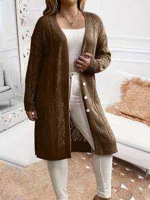 Calvaya Plus Size Women's Fashion Single-Breasted Long Cardigan Sweater, Casual Knitted Mid-Length Open Front Coat - Coffee Brown - View 4