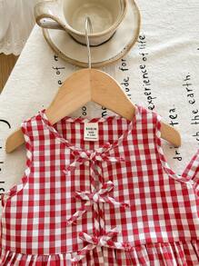LMoss Kids 女婴可爱夏季度假红白格子蝴蝶结装饰无袖上衣和松紧腰宽松裤套装 - 紅色 - 查看 5
