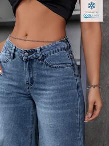 SHEIN ICON 女式宽松V领低腰口袋阔腿牛仔裤