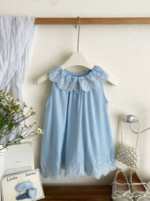 SHEIN 女婴可爱夏季休闲蓝色花卉图案荷叶边连衣裙 - 藍色 - 查看 2