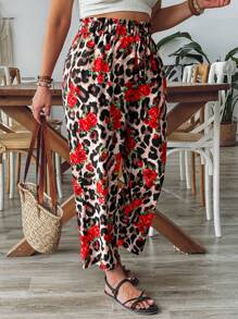 SHEIN VCAY Plus Size Women Leopard Floral Print Drawstring Waist Straight Leg Pants - Multicolor - View 6