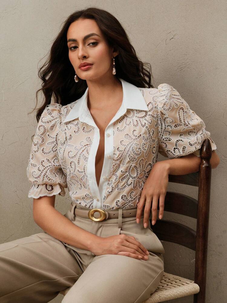 Blusa Bouffant com Bordado Vazado, Elegante Casual de Verão, Elegante, Praia, Festival de Férias