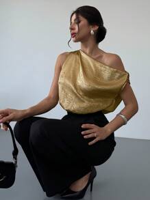 Firerie 女款優雅金色金屬塗層無袖上衣，不對稱肩鬆身剪裁，適合夏季、夜晚外出、派對、約會、節慶穿搭 - 金色 - 查看 7