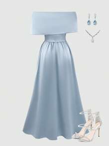 SHEIN 优雅修身缎面连衣裙，适合少女 - 水鴨藍 - 查看 2