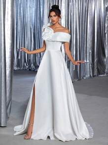 Glamrae Váy Maxi hở vai sang trọng, thanh lịch, xếp nếp cao, xẻ tà, có đuôi váy, thích hợp cho đám cưới, sự kiện, tiệc độc thân, tuần trăng mật, dạ hội, cô dâu - Màu be - Xem 6