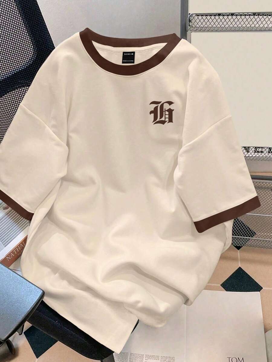 SHEIN 1-Pack Teen Boy Casual Sports College Art Retro With English Pattern And Contrasting Collar And Cuffs Round Neck Khaki T-Shirt Suitable For Back To School Boys Suitable For Daily Use Suitable For Daily Use Suitable For School Suitable For Travel Suitable For Sports Suitable For Spring And Summer Seasons - Khaki - View 1