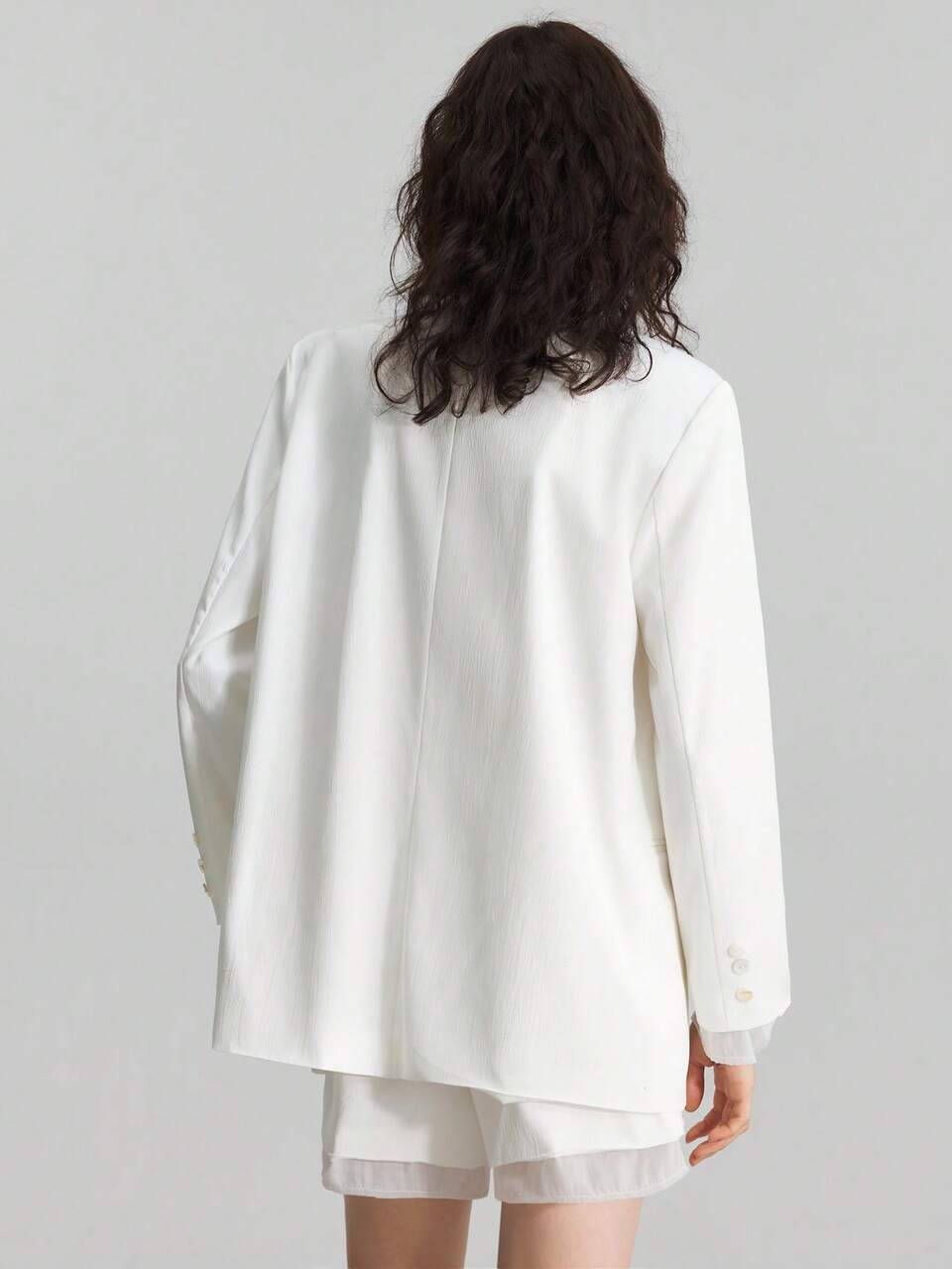 White Summer Chic Brunch 2025 Women's Urban Commuter Style Blazer Suit Set,Sleeve & Hem Patchwork Woven Collar-Less Jacket & Shorts Business Outfit