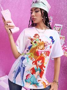 The Winx X SHEIN Women Casual Cartoon Graphic Round Neck Short Sleeve T-Shirt, Summer