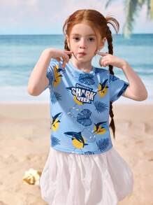 Shark Week X SHEIN Young Girl Summer Casual Shark Print Round Neck Short Sleeve T-Shirt - Multicolor - View 6