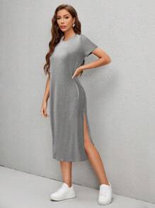 SHEIN LUNE 圆领纯色休闲连衣裙短袖，简约时尚，适合夏季 - 黑色 - 查看 5