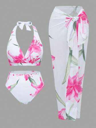 Swim Oasis Damen Große Größen 3 Stücke zufälliges digitales Muster Neckholder Lässig Schwimmbad Strand Elegant Badeanzug Set