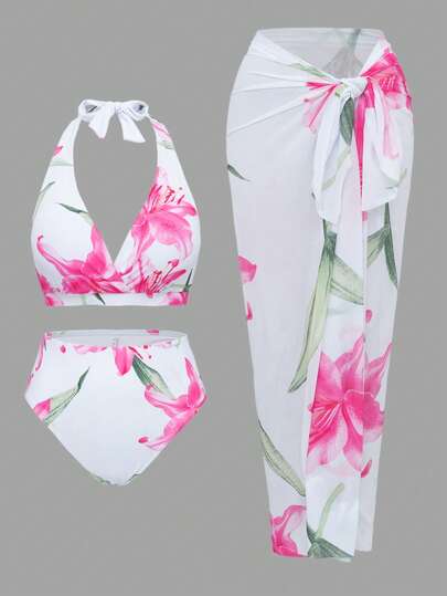 Swim Oasis Plus Size Women 3 PiecesRandom Digital Print Halter Neck Casual Swimming Pool Beach Elegant Swimsuit Set For Summer Beach Vacation