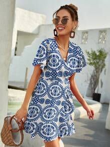 Breezaya Polka Dot Knot Side Wrap A-Line Dress Burgundy Color Women Outfit - Multicolor - View 4