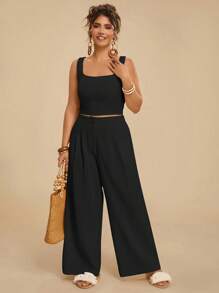 Travachic Plus Size Solid Color Square Neck Sleeveless Top And Pocket Decorated Pants Set, Casual,Summer Outfits For Women - Black - View 5