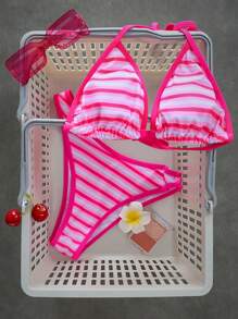Swim Mod Women Stripe Print Halter Knotted Tankini Bikini Set Set For Summer Beach Vacation - Pink - View 1