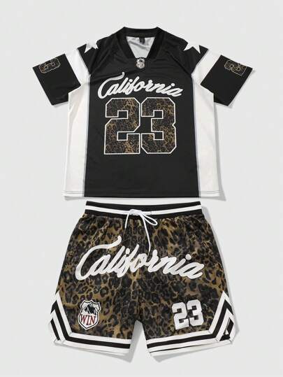 Prep 2 Pezzi Set Uomo Composto da T-Shirt Sportiva a Manica Corta con Stampa di Numeri e Pantaloncini Stampati a Fantasia Leopardata