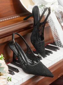 CUCCOO HITCHD 女士新款夏季刺绣蕾丝尖头优雅浪漫黑色网眼新娘婚礼派对细高跟鞋 - 黑色 - 查看 4