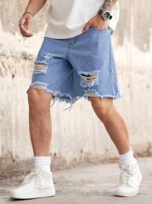 Manfinity Homme Quần short denim thô, sờn rách, chất liệu cotton rộng rãi cho nam, phong cách Emo - Rửa nhẹ - Xem 3