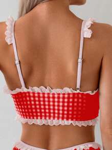 2 件套女士绿色格子随机花卉印花蝴蝶结领口荷叶边下摆上衣 + 腰腿下摆荷叶边下摆短裤休闲可爱简约吊带背心比基尼套装