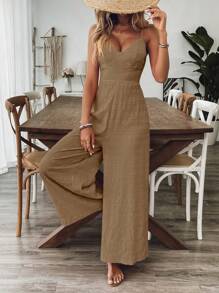 Breezaya 1 件女式 V 领无袖紫红色连体裤，夏季假期 - 棕色 - 查看 3