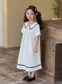 Girls' White Loose Fit Navy Style Dress - White - View 5