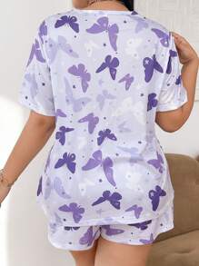 SHEIN Bộ đồ ngủ tay ngắn in hình bướm cỡ lớn - Màu tím hoa cà - Xem 2