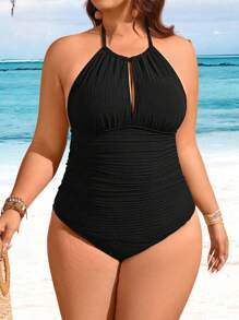 SHEIN Swim 大码纯色纹理面料露背吊带连体泳衣 - 黑色 - 查看 5