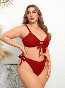 Swim Vcay Adjustable Strap Plus Size Swimsuit Set, Vacation Leisure Enhancing Front For Summer - Red - View 4