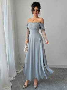 Modelyn Vestido de manga larga ajustado con hombros descubiertos y volantes para mujeres - Azul - Ver 6