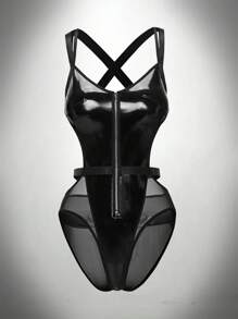 AltCore Women's Solid Color PU Leather Cut-Out Waist Mesh Patchwork Sexy Sling Jumpsuit