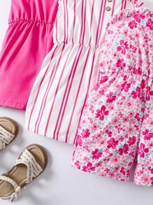 SHEIN 年轻女孩夏季休闲荷叶边纽扣装饰细肩带连体裤 - 玫紅色 - 查看 7