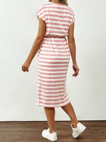 SHEIN Maternity Striped Drop Shoulder Drawstring Waist Split Dress - Pink - View 2