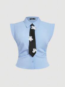 SHEIN MOD Plus Size Ladies' Light Blue Shirt With Necktie Decorated Front Button, Back To School Shirts, Fall, Office Wear, Going Out Tops, Women Shirts, Preppy Tops, Bachelorette, Rave Festival, Work, Concert Women Summer Street Wear Office Tops Office - Baby Blue - View 1