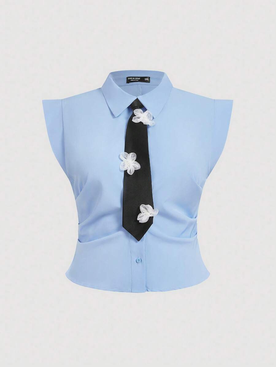 SHEIN MOD Plus Size Ladies' Light Blue Shirt With Necktie Decorated Front Button, Back To School Shirts, Fall, Office Wear, Going Out Tops, Women Shirts, Preppy Tops, Bachelorette, Rave Festival, Work, Concert Women Summer Street Wear Office Tops Office - Baby Blue - View 1