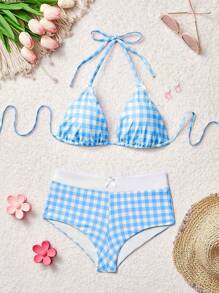 SHEIN MOD Summer Beach Checkered V-Neck Halter Bikini Set, Cute, Kawaii - Blue - View 1