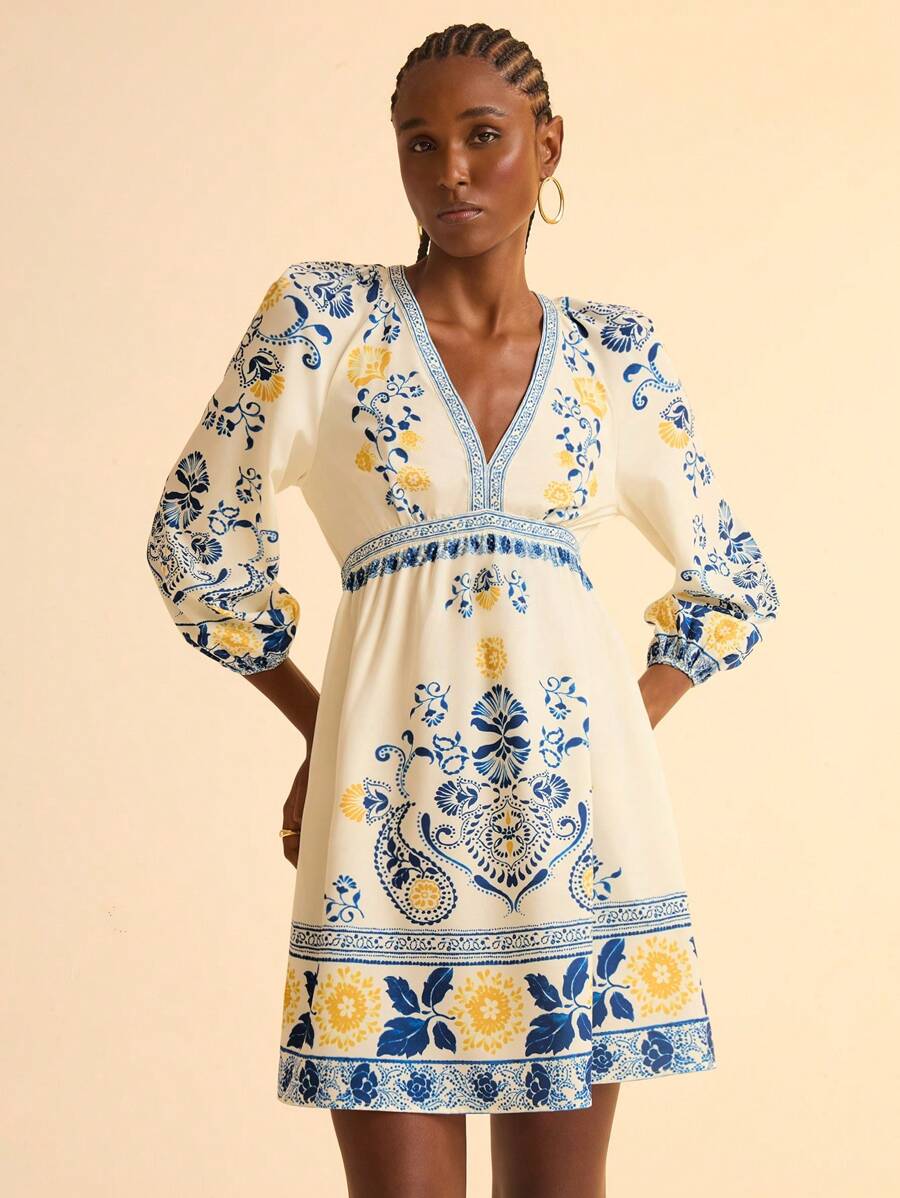 CAJUNI Women's Boho Tropical Print V-Neck Puff Sleeve Cinch Waist Vacation Dress - Multicolor - View 1