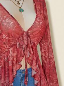 SHEIN ICON 大码复古佩斯利印花前系带针织上衣，喇叭袖透明网眼印花衬衫，夏季度假 - 彩色 - 查看 6